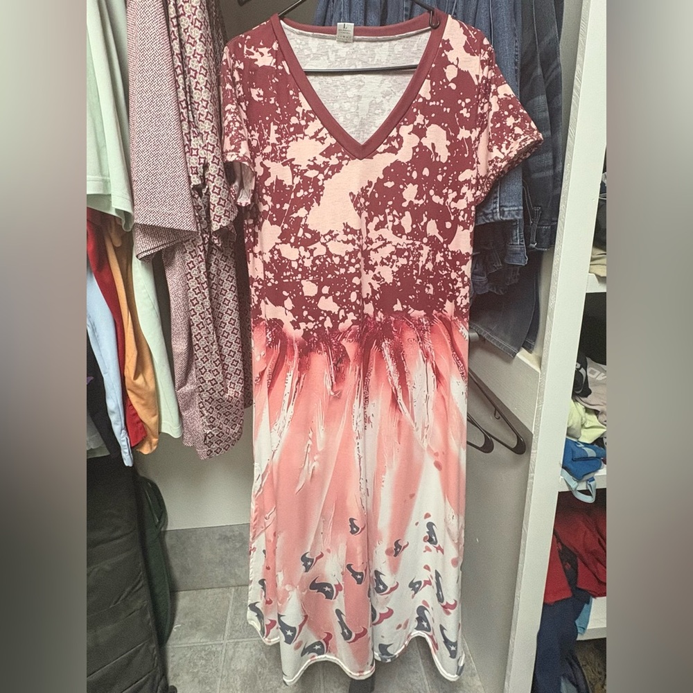 Never worn. V-Neck Houston Texans Tie-Dye Maxi Dress in Maroon and Blush